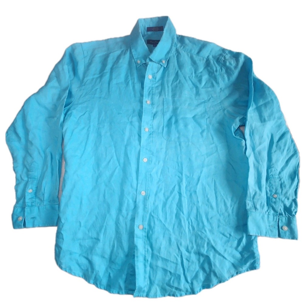 ALAN FLUSSER 100% Linen Button Down Shirt Mens Large Blue Long Sleeve Beach